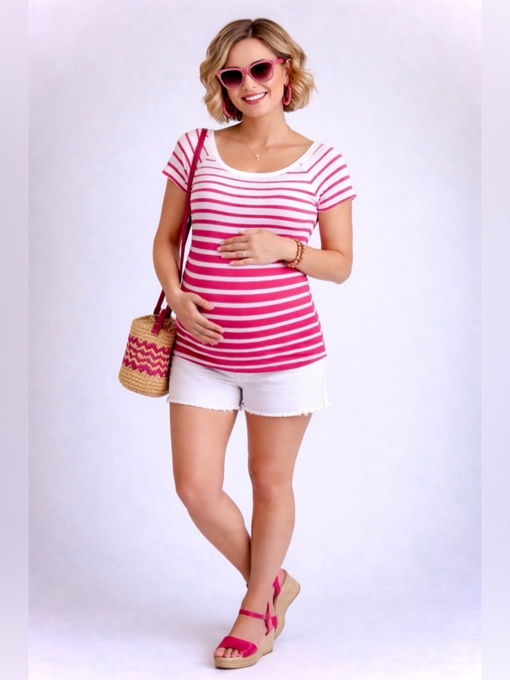 Motherhood Maternity Pink & White Striped Ribbed Stretchy Blouse Cap Sleeves XL